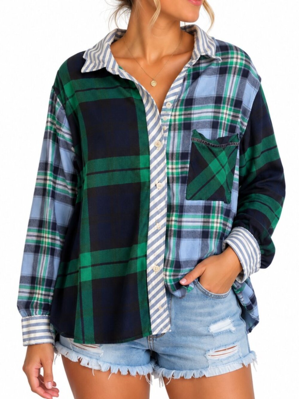 AERIE Mixed Plaid Button Down Shirt Green Blue Small Patchwork Oversized Relaxed